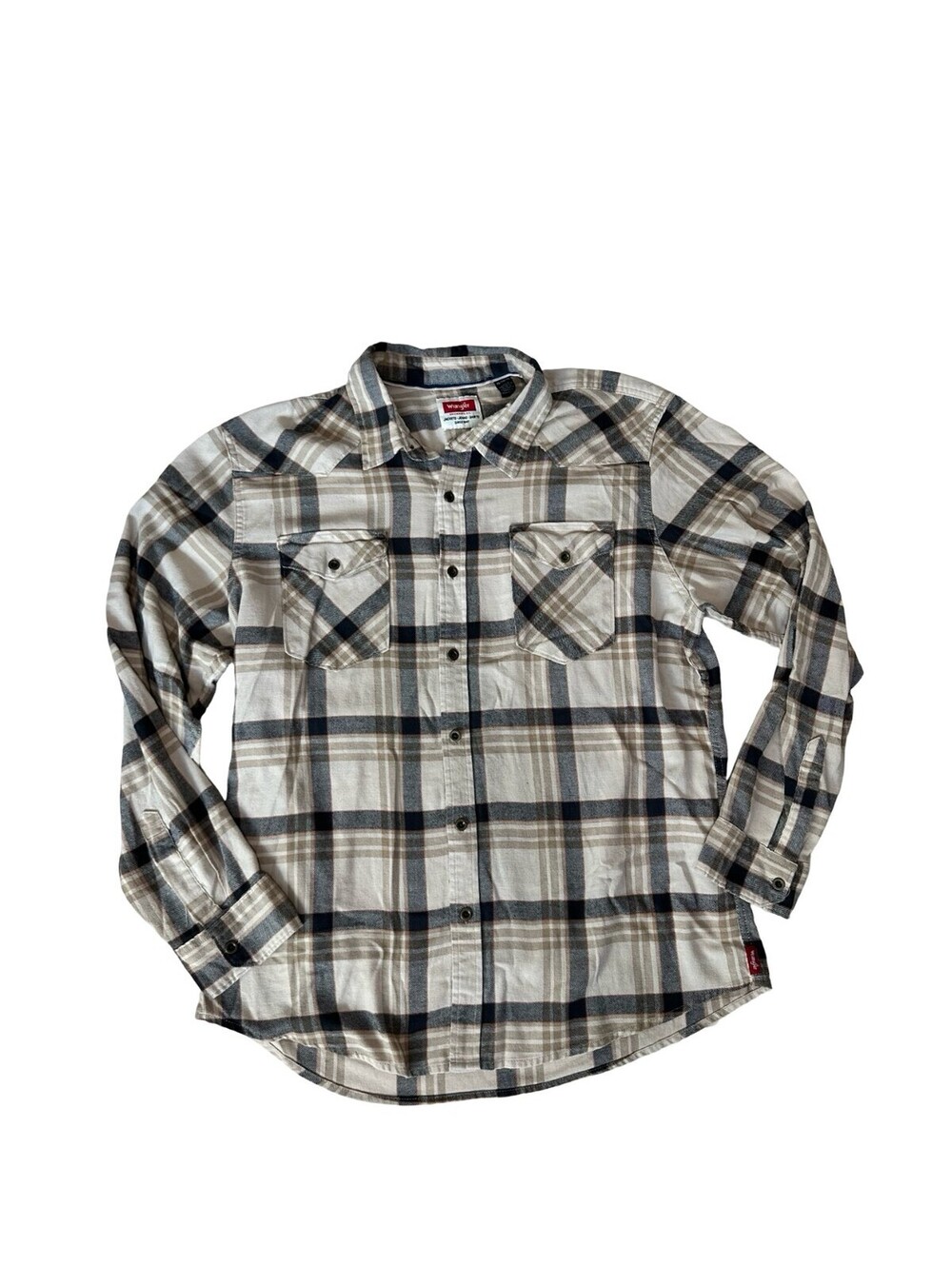 Wrangler Men's XL Snap Front Flannel Shirt Tan Black Plaid Western Fall